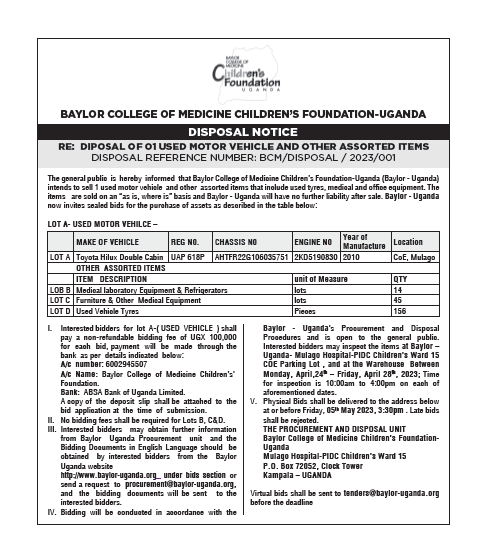 Advert for Disposal BCM-DISPOSAL-2023-001