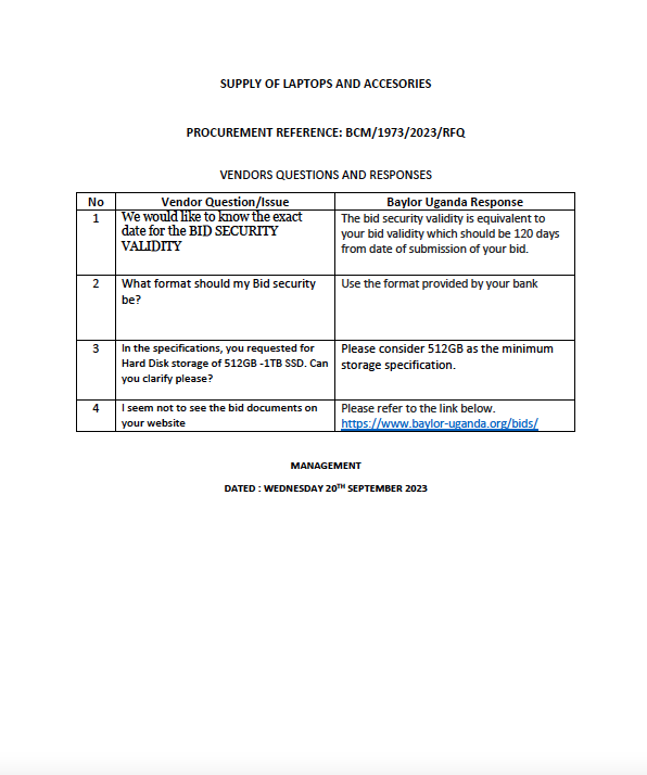 Vendor questions and responses-BCM-1973-2023-RFQ Supply of Laptops and Accessories