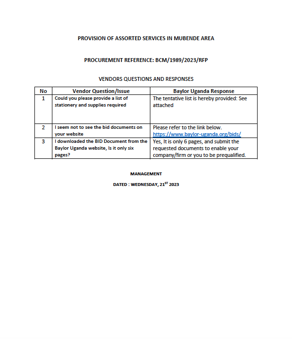 Vendor questions and responses-BCM-1989-RFP Provision of services in Mubende