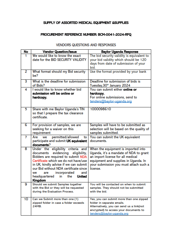 Vendor questions and responses-BCM-0041-2024-RFQ-Supply of Assorted Medical Equipment and Supplies